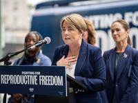 Governor Maura Healey (D-MA) speaks at a Harris-Walz Fighting for Reproductive Freedom press conference at the Pennsylvania State Capitol in...