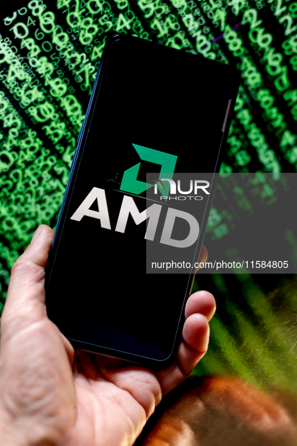 In this photo illustration, the Nvidia logo is seen displayed on a smartphone screen against a computer screen displaying a matrix image, as...