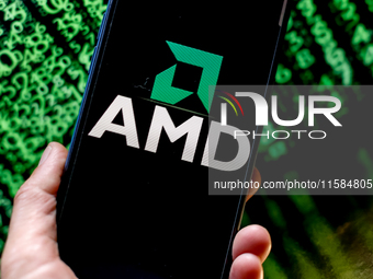 In this photo illustration, the Nvidia logo is seen displayed on a smartphone screen against a computer screen displaying a matrix image, as...