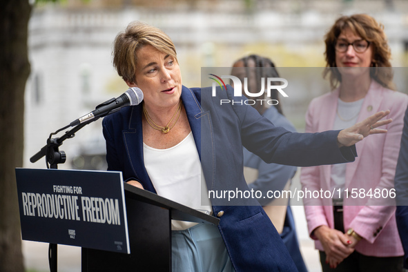 Governor Maura Healey (D-MA) speaks at a Harris-Walz Fighting for Reproductive Freedom press conference at the Pennsylvania State Capitol in...