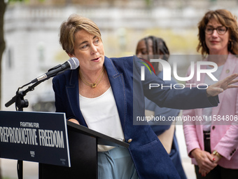 Governor Maura Healey (D-MA) speaks at a Harris-Walz Fighting for Reproductive Freedom press conference at the Pennsylvania State Capitol in...