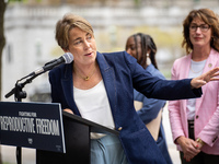 Governor Maura Healey (D-MA) speaks at a Harris-Walz Fighting for Reproductive Freedom press conference at the Pennsylvania State Capitol in...