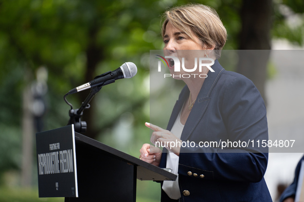 Governor Maura Healey (D-MA) speaks at a Harris-Walz Fighting for Reproductive Freedom press conference at the Pennsylvania State Capitol in...