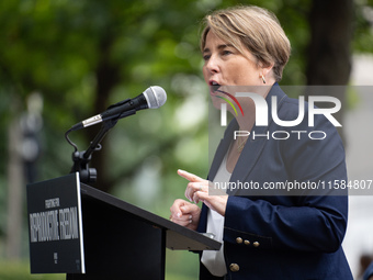 Governor Maura Healey (D-MA) speaks at a Harris-Walz Fighting for Reproductive Freedom press conference at the Pennsylvania State Capitol in...