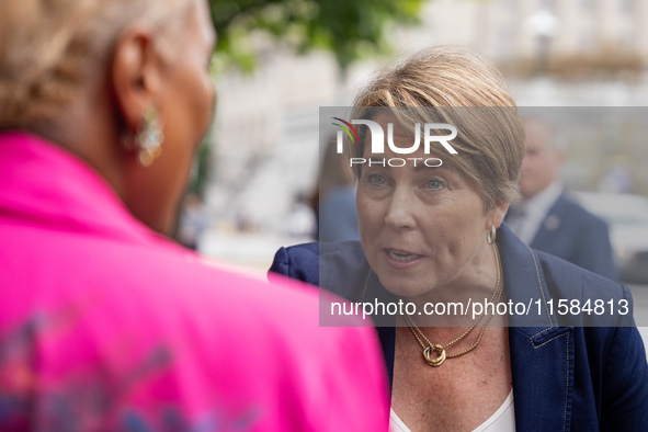 Governor Maura Healey (D-MA) speaks to a Harris-Walz supporter at the Pennsylvania State Capitol in Harrisburg, Pennsylvania, United States,...