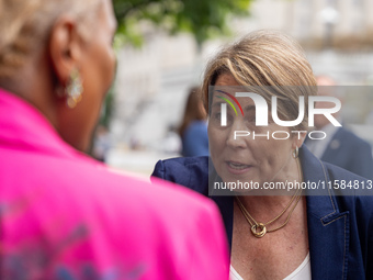 Governor Maura Healey (D-MA) speaks to a Harris-Walz supporter at the Pennsylvania State Capitol in Harrisburg, Pennsylvania, United States,...