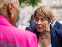 Governor Maura Healey (D-MA) speaks to a Harris-Walz supporter at the Pennsylvania State Capitol in Harrisburg, Pennsylvania, United States,...