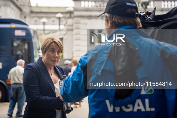 Governor Maura Healey (D-MA) participates in an interview after the Harris-Walz Fighting for Reproductive Freedom press conference at the Pe...