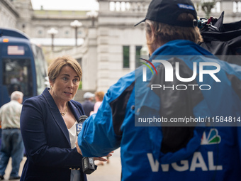 Governor Maura Healey (D-MA) participates in an interview after the Harris-Walz Fighting for Reproductive Freedom press conference at the Pe...