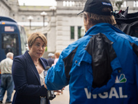 Governor Maura Healey (D-MA) participates in an interview after the Harris-Walz Fighting for Reproductive Freedom press conference at the Pe...