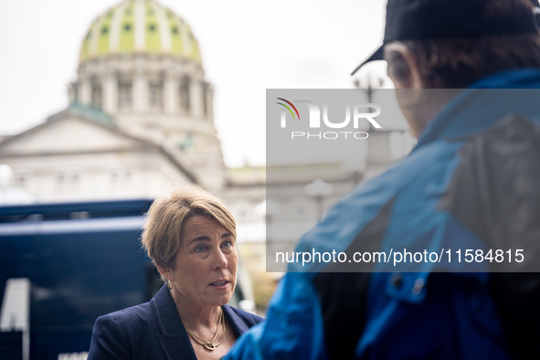 Governor Maura Healey (D-MA) participates in an interview after the Harris-Walz Fighting for Reproductive Freedom press conference at the Pe...