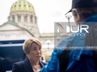 Governor Maura Healey (D-MA) participates in an interview after the Harris-Walz Fighting for Reproductive Freedom press conference at the Pe...