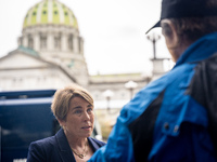 Governor Maura Healey (D-MA) participates in an interview after the Harris-Walz Fighting for Reproductive Freedom press conference at the Pe...