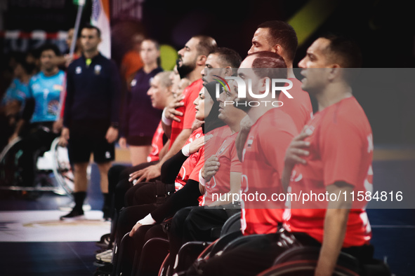 Egypt's national team sings the national anthem before the start of their match against India at the World Wheelchair Handball Championship...