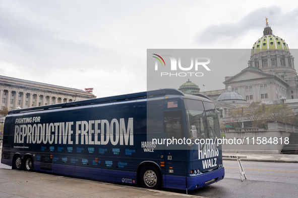 The Harris-Walz Fighting for Reproductive Freedom bus parks at the Pennsylvania State Capitol in Harrisburg, Pennsylvania, United States, on...