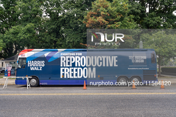 The Harris-Walz Fighting for Reproductive Freedom bus parks at the Pennsylvania State Capitol in Harrisburg, Pennsylvania, United States, on...