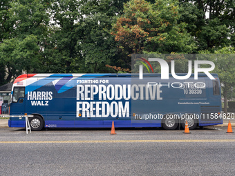 The Harris-Walz Fighting for Reproductive Freedom bus parks at the Pennsylvania State Capitol in Harrisburg, Pennsylvania, United States, on...