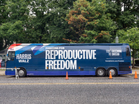 The Harris-Walz Fighting for Reproductive Freedom bus parks at the Pennsylvania State Capitol in Harrisburg, Pennsylvania, United States, on...