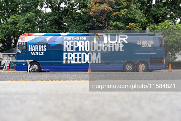 The Harris-Walz Fighting for Reproductive Freedom bus parks at the Pennsylvania State Capitol in Harrisburg, Pennsylvania, United States, on...