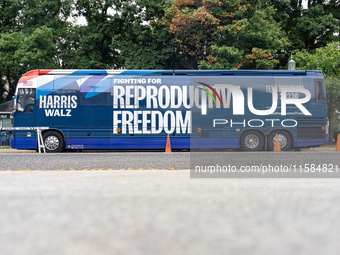 The Harris-Walz Fighting for Reproductive Freedom bus parks at the Pennsylvania State Capitol in Harrisburg, Pennsylvania, United States, on...