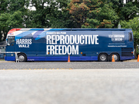 The Harris-Walz Fighting for Reproductive Freedom bus parks at the Pennsylvania State Capitol in Harrisburg, Pennsylvania, United States, on...