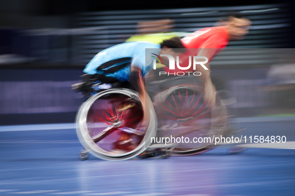 India's player tries to catch up with Egypt's player at the World Wheelchair Handball Championship in Egypt, on September 18, 2024 