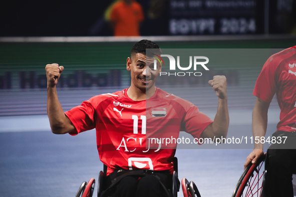 An Egypt national team player celebrates after defeating India at the World Wheelchair Handball Championship in Egypt, on September 18, 2024...