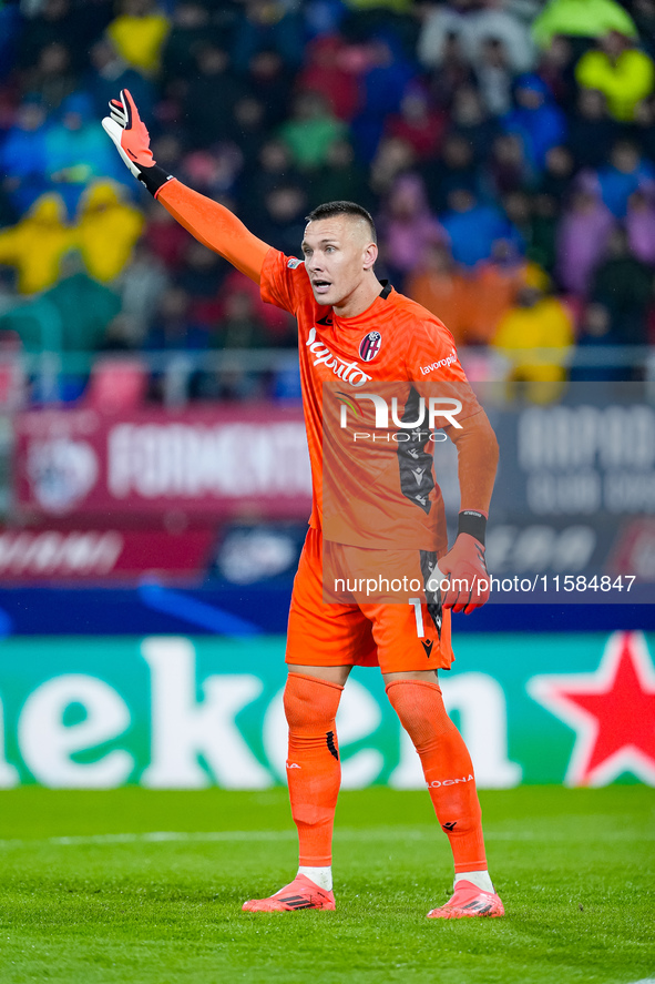 Lukasz Skorupski of Bologna FC gestures during the UEFA Champions League 2024/25 League Phase MD1 match between Bologna FC and FC Shakhtar D...