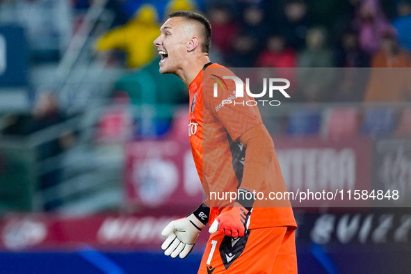 Lukasz Skorupski of Bologna FC yells during the UEFA Champions League 2024/25 League Phase MD1 match between Bologna FC and FC Shakhtar Done...