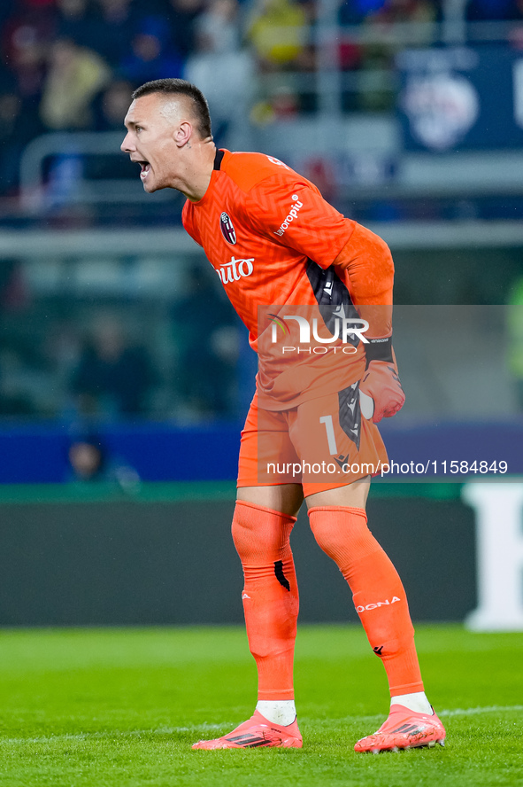 Lukasz Skorupski of Bologna FC yells during the UEFA Champions League 2024/25 League Phase MD1 match between Bologna FC and FC Shakhtar Done...