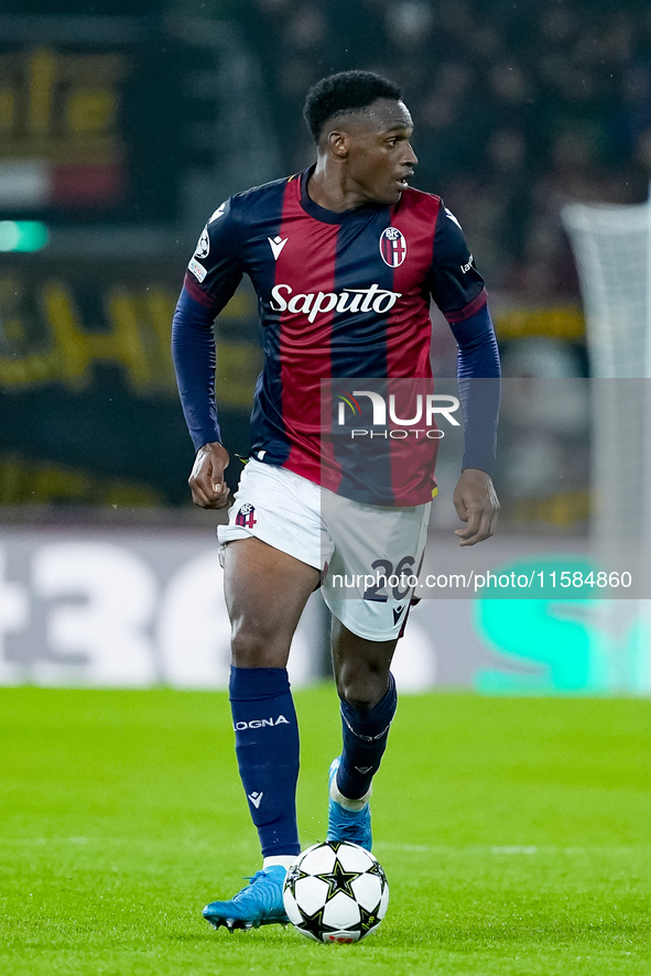 Jhon Lucumi of Bologna FC during the UEFA Champions League 2024/25 League Phase MD1 match between Bologna FC and FC Shakhtar Donetsk at Stad...