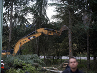 A Gendarme stands guard as an excavator destroys trees at the 'Verger' ZAD. For the second day, Gendarmerie and CNAMO try to dislodge 'Ecure...