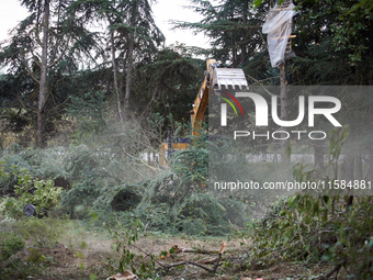 The excavator driver fells a tree with his machine in the 'Verger' ZAD. For the second day, Gendarmerie and CNAMO try to dislodge 'Ecureuils...