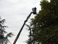 Policemen of the CNAMO, a special unit, prepare to try to catch a 'Ecureuil' (i.e., 'squirrel') in a tree on the 'Verger' ZAD. For the secon...