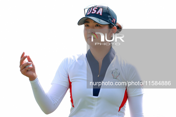 GAINESVILLE, VIRGINIA - SEPTEMBER 15: Rose Zhang of the United States walks on the 12th green during the final round of the Solheim Cup at R...