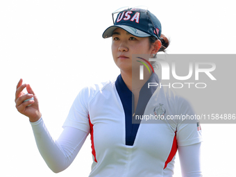 GAINESVILLE, VIRGINIA - SEPTEMBER 15: Rose Zhang of the United States walks on the 12th green during the final round of the Solheim Cup at R...