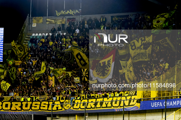 Supporters of Borussia Dortmund during the match between Club Brugge and Borussia Dortmund at the Jan Breydelstadion for the Champions Leagu...