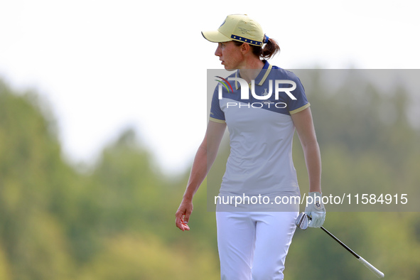 GAINESVILLE, VIRGINIA - SEPTEMBER 15: Carlota Ciganda of Team Europe walks on the 12th green during the final round of the Solheim Cup at Ro...