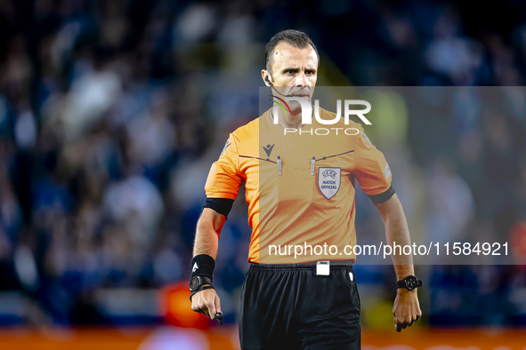 Referee Irfan Peljto officiates the match between Club Brugge and Borussia Dortmund at the Jan Breydelstadion for the Champions League, Leag...