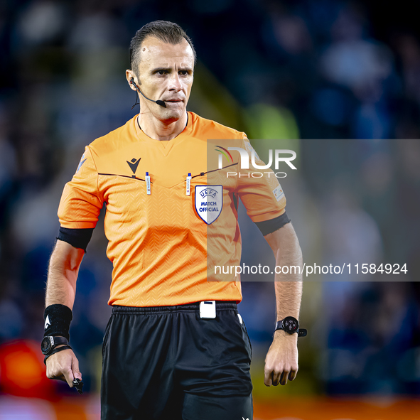 Referee Irfan Peljto officiates the match between Club Brugge and Borussia Dortmund at the Jan Breydelstadion for the Champions League, Leag...