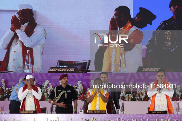 President Droupadi Murmu, Governor Haribhau Kisanrao Bagde, and Chief Minister Bhajan Lal Sharma attend the 18th Convocation ceremony at Mal...