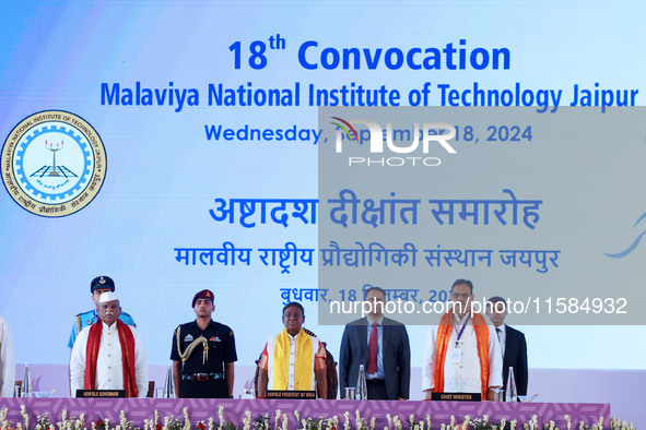 President Droupadi Murmu, Governor Haribhau Kisanrao Bagde, and Chief Minister Bhajan Lal Sharma attend the 18th Convocation ceremony at Mal...