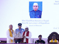 Rajasthan Governor Haribhau Kisanrao Bagde is welcomed by Director MNIT Prof. Narayana Prasad Padhy during the 18th Convocation ceremony at...