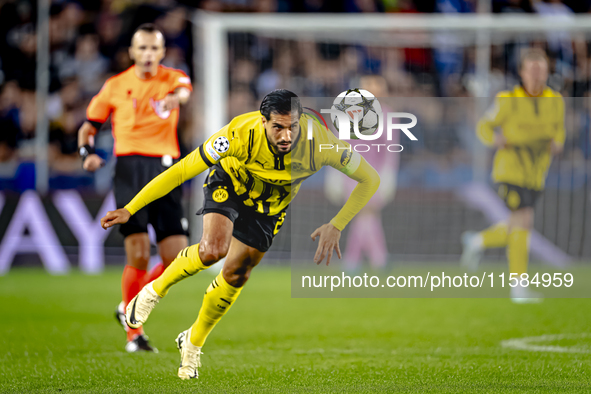 Borussia Dortmund defender Emre Can plays during the match between Club Brugge and Borussia Dortmund at the Jan Breydelstadion for the Champ...