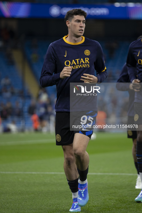 Alessandro Bastoni #95 of Inter Milan during the UEFA Champions League Group Stage match between Manchester City and Football Club Internazi...