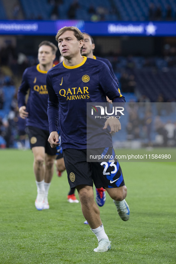 Nicolo Barella #23 of Inter Milan during the UEFA Champions League group stage match between Manchester City and Football Club Internazional...