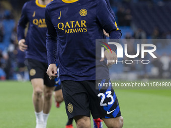 Nicolo Barella #23 of Inter Milan during the UEFA Champions League group stage match between Manchester City and Football Club Internazional...