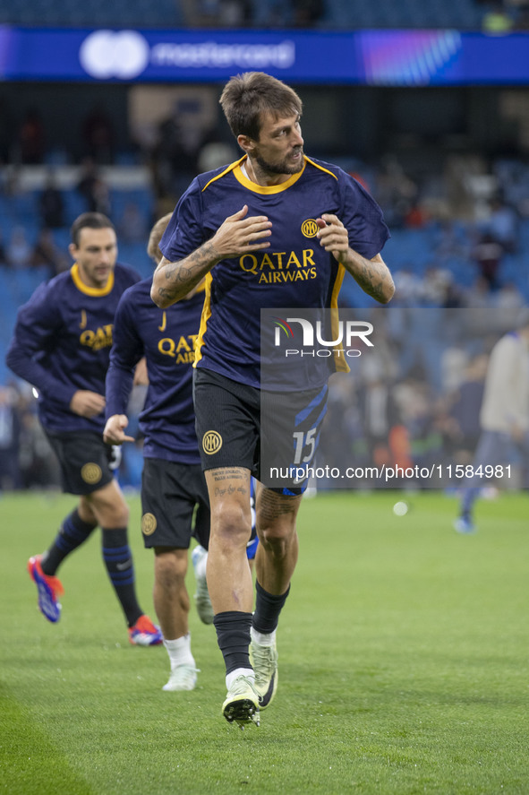 Francesco Acerbi #15 of Inter Milan is under pressure during the UEFA Champions League Group Stage match between Manchester City and Footbal...