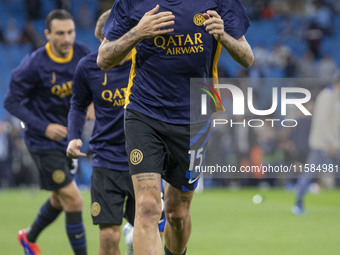 Francesco Acerbi #15 of Inter Milan is under pressure during the UEFA Champions League Group Stage match between Manchester City and Footbal...