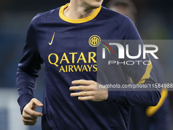 Alessandro Bastoni #95 of Inter Milan warms up during the UEFA Champions League Group Stage match between Manchester City and Football Club...